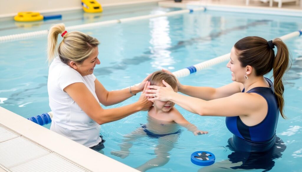 أخصائي العلاج الطبيعي يطبق إجراءات السلامة خلال جلسة تمارين مائية لطفل