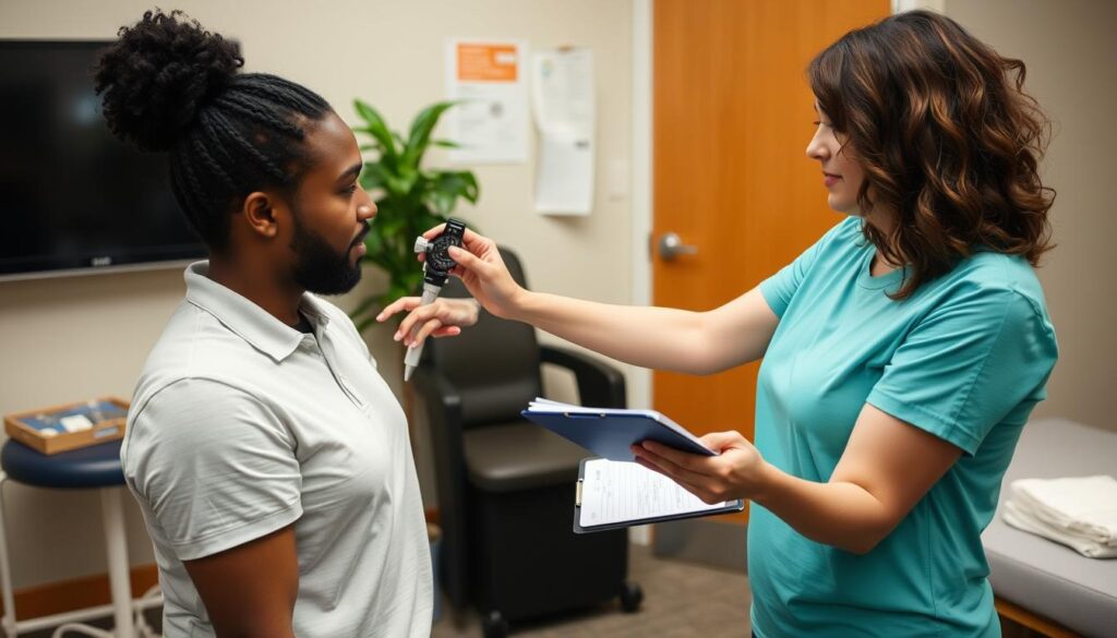 أخصائي العلاج الطبيعي يقوم بتقييم تقدم المريض في برنامج تقوية العضلات بعد العمليات