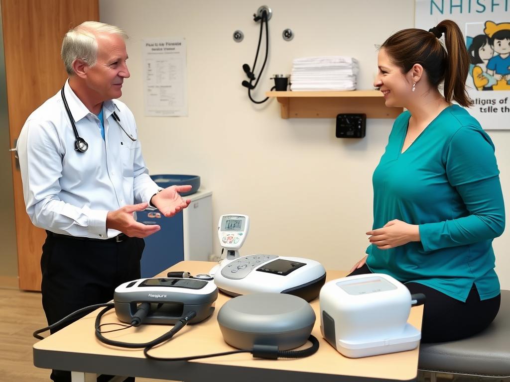 أخصائي علاج طبيعي يساعد مريض في اختيار الأجهزة المناسبة لحالته أخصائي علاج طبيعي يساعد مريض في اختيار الأجهزة المناسبة لحالته