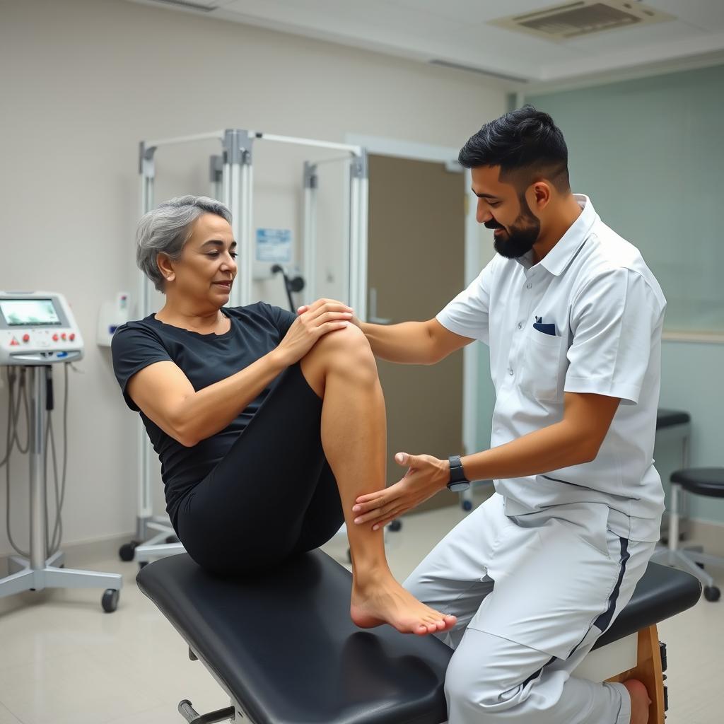 أخصائي علاج طبيعي يساعد مريضاً في تمارين إعادة التأهيل بعد جراحة الركبة