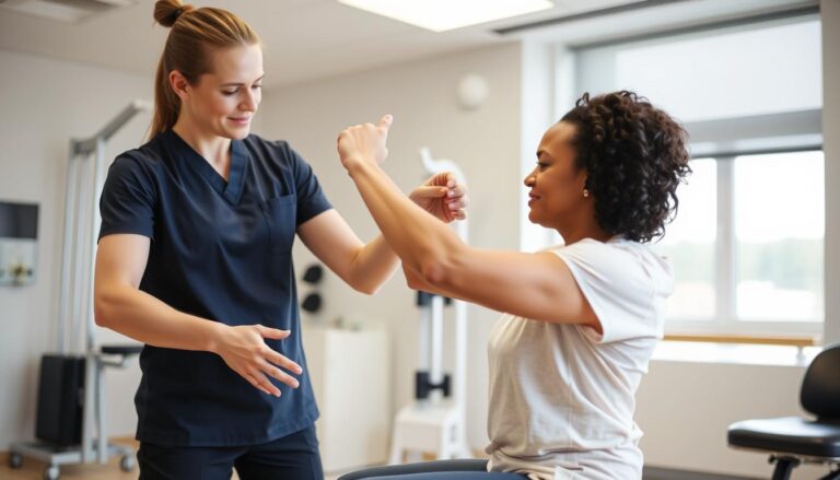 أخصائي علاج طبيعي يساعد مريضاً في تمارين تقوية العضلات بعد العمليات الجراحية