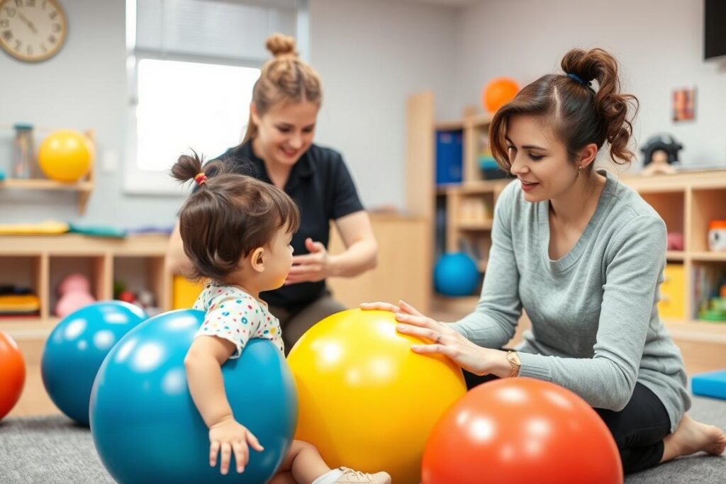 أخصائي علاج طبيعي يستخدم تقنيات متنوعة في العلاج الطبيعي للأطفال المصابين بإعاقات حركية