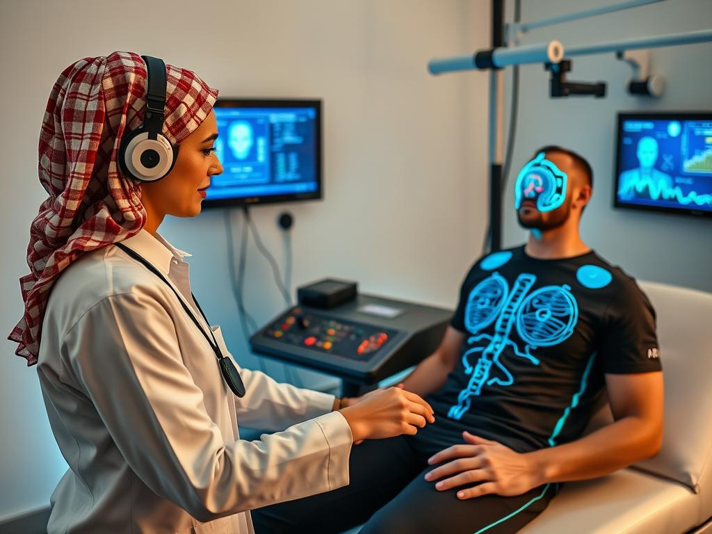 أخصائي علاج طبيعي يستخدم تقنية التغذية الراجعة الحيوية مع مريض ضمن برامج علاج طبيعي متقدمة