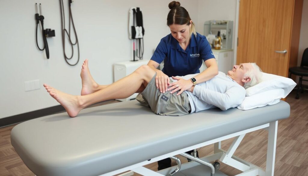 أخصائي علاج طبيعي يستخدم تقنية العلاج اليدوي مع مريض مسن