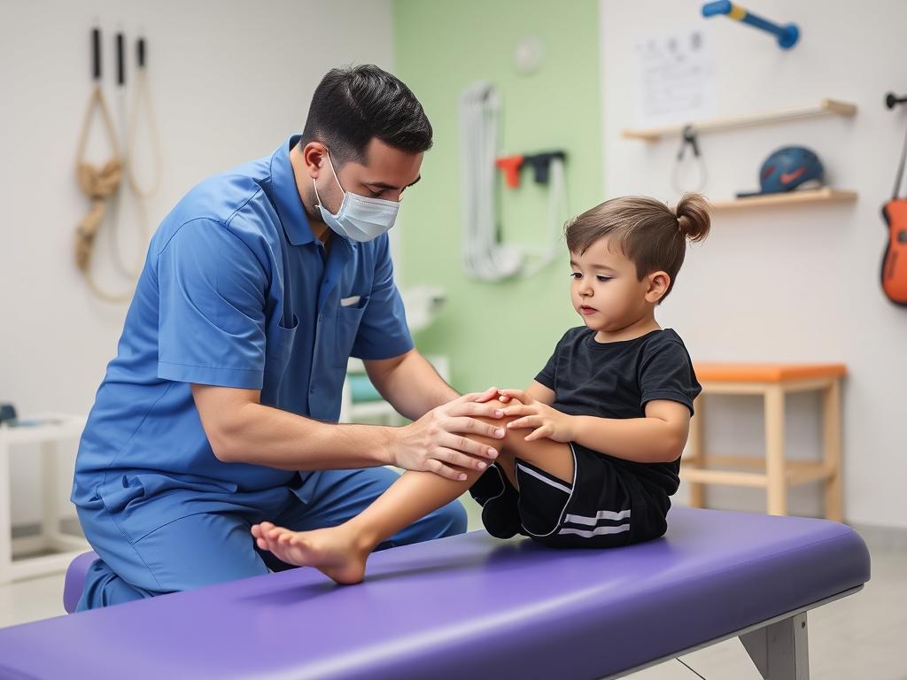 أخصائي علاج طبيعي يعالج طفلاً رياضياً مصاباً باستخدام برامج علاج طبيعي متقدمة