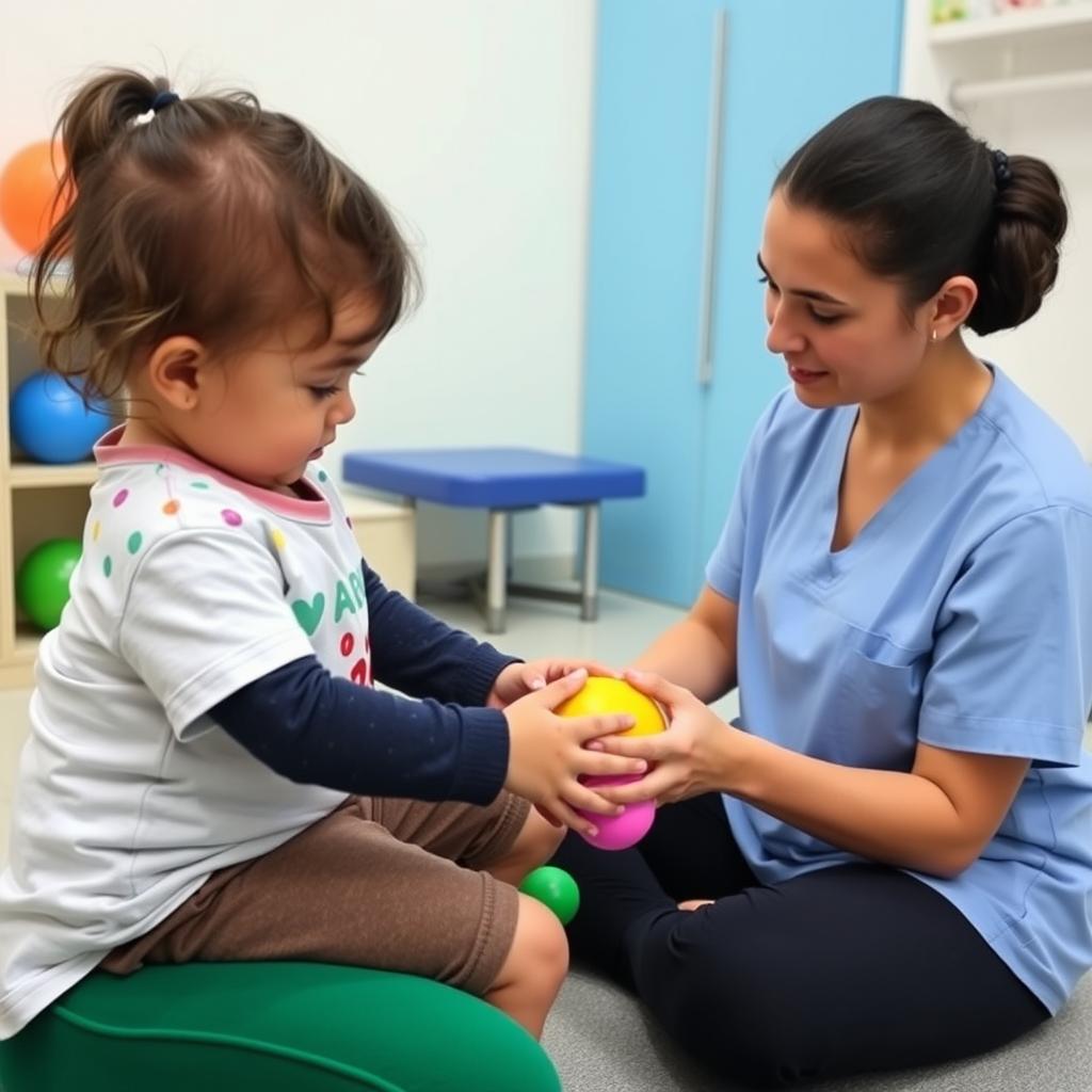 أخصائي علاج طبيعي يعمل مع طفل لتحسين المهارات الحركية الأساسية من خلال برامج علاج طبيعي متقدمة