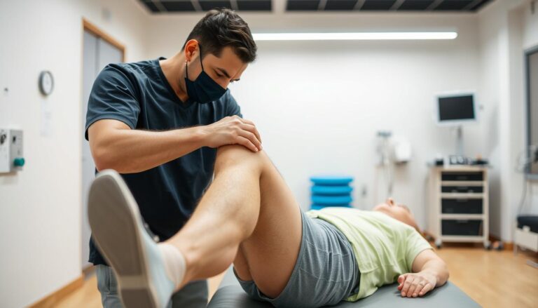 أخصائي علاج طبيعي يقوم بتقييم إصابة رياضية لشخص بالغ باستخدام تقنيات العلاج الطبيعي