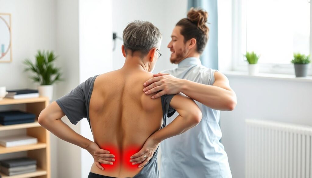 أخصائي علاج طبيعي يقوم بفحص مريض يعاني من آلام الظهر أخصائي علاج طبيعي يقوم بفحص مريض يعاني من آلام الظهر