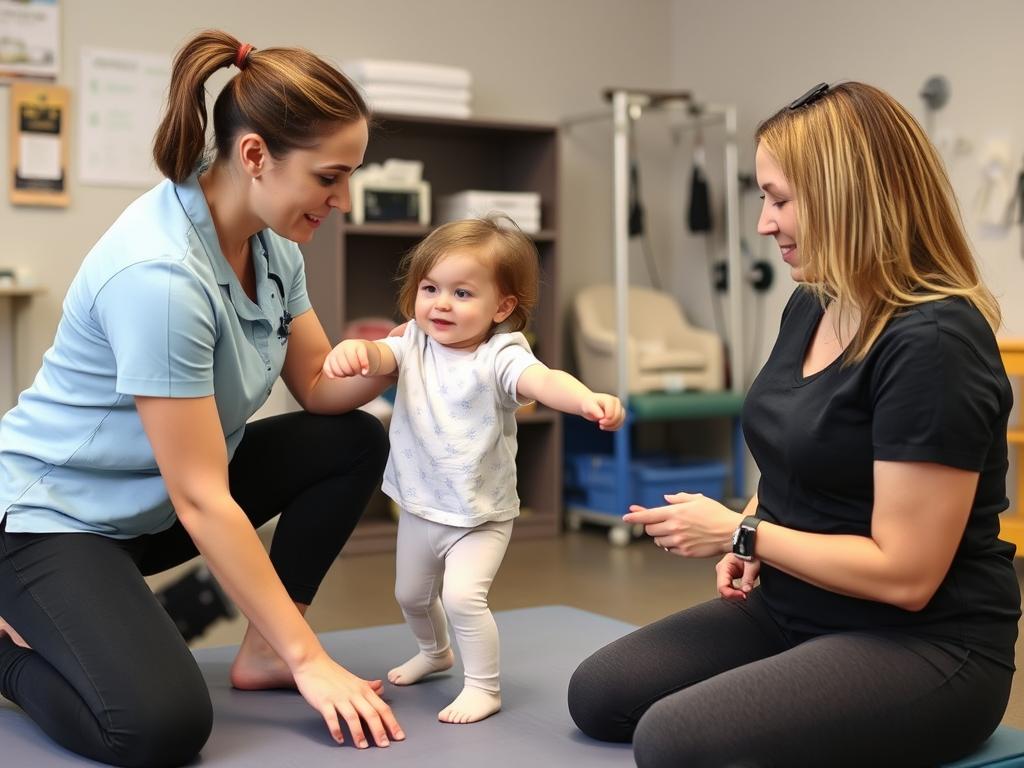 أخصائي علاج طبيعي يقيم حالة طفل ويقدم توجيهات للوالدين