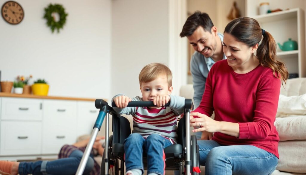 أسرة تدعم طفلها المصاب بالشلل الدماغي في المنزل أسرة تدعم طفلها المصاب بالشلل الدماغي في المنزل