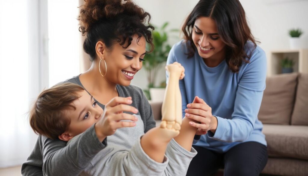 أم تساعد طفلها في أداء تمارين إعادة التأهيل في المنزل