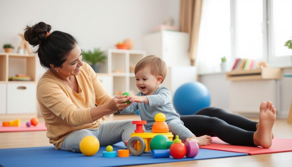 أم تشجع طفلها على ممارسة التمارين العلاجية من خلال اللعب