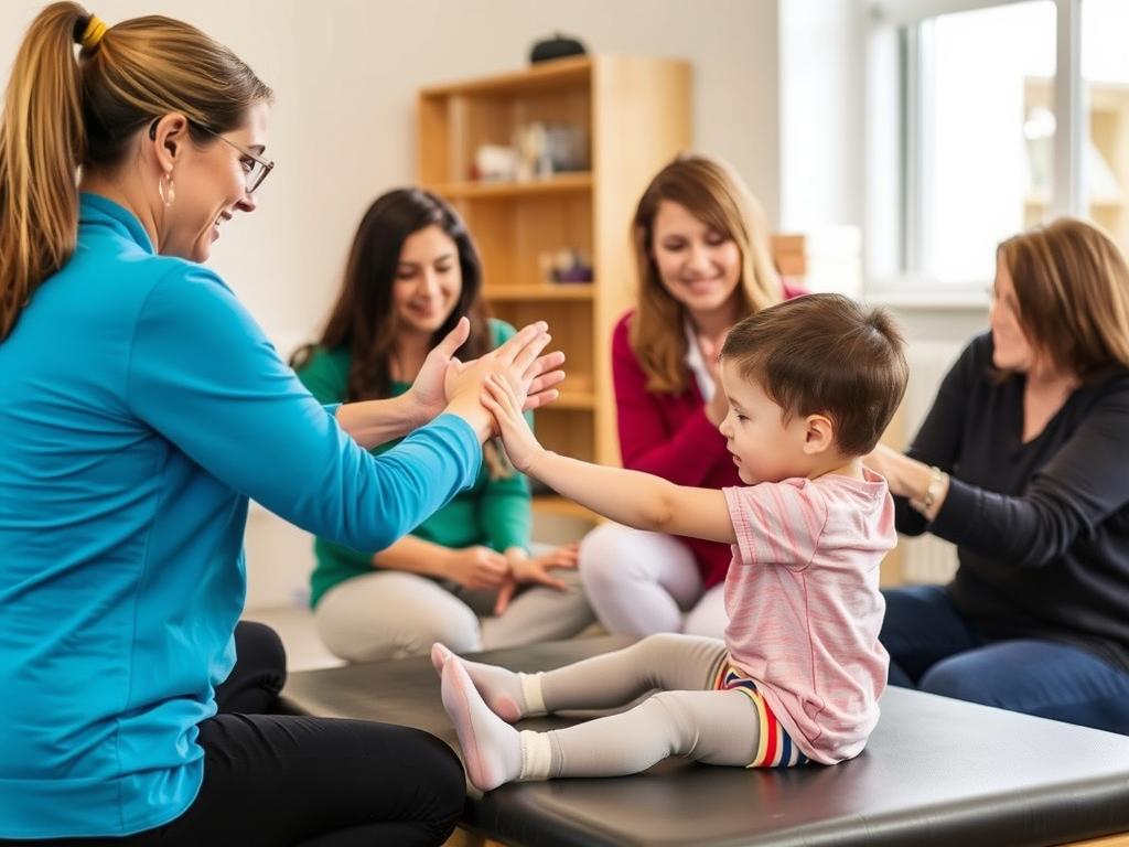 أهل يشاركون في جلسة العلاج الطبيعي للأطفال المصابين بإعاقات حركية ويتعلمون كيفية دعم طفلهم
