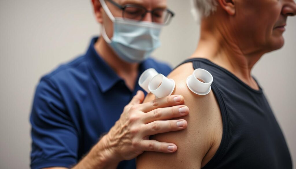 جلسة علاج بالحجامة لعلاج إصابة رياضية في منطقة الكتف لشخص كبير في السن