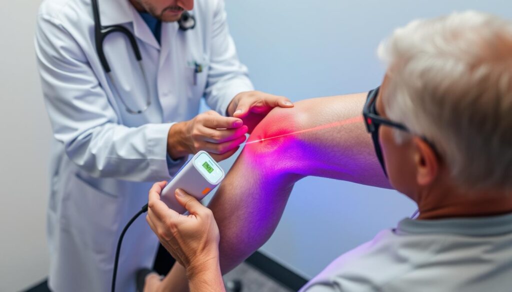 جلسة علاج بالليزر منخفض المستوى لإصابة في الركبة لرياضي كبير في السن