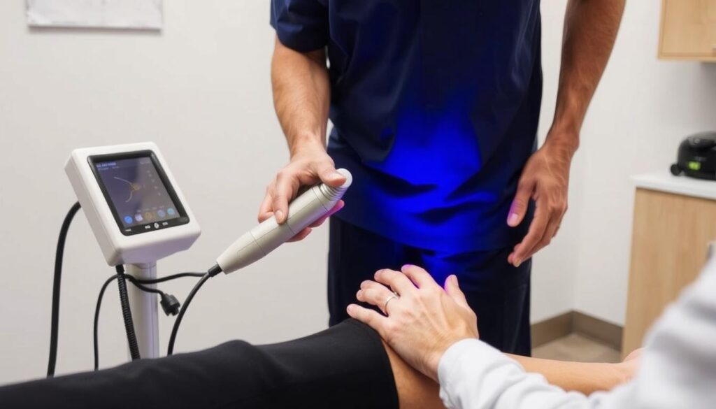 جلسة علاج بالموجات الصادمة لإصابة في وتر أخيل لرياضي كبير في السن