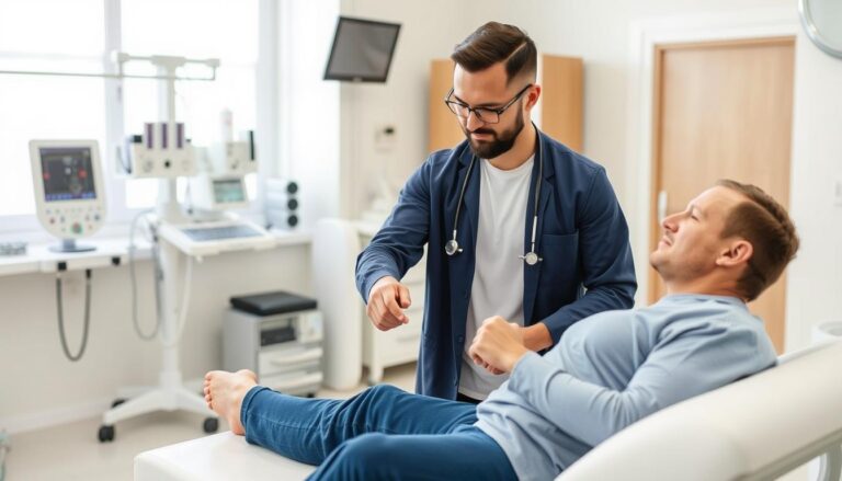 جلسة علاج طبيعي متقدمة لشخص بالغ باستخدام أجهزة حديثة لإعادة التأهيل