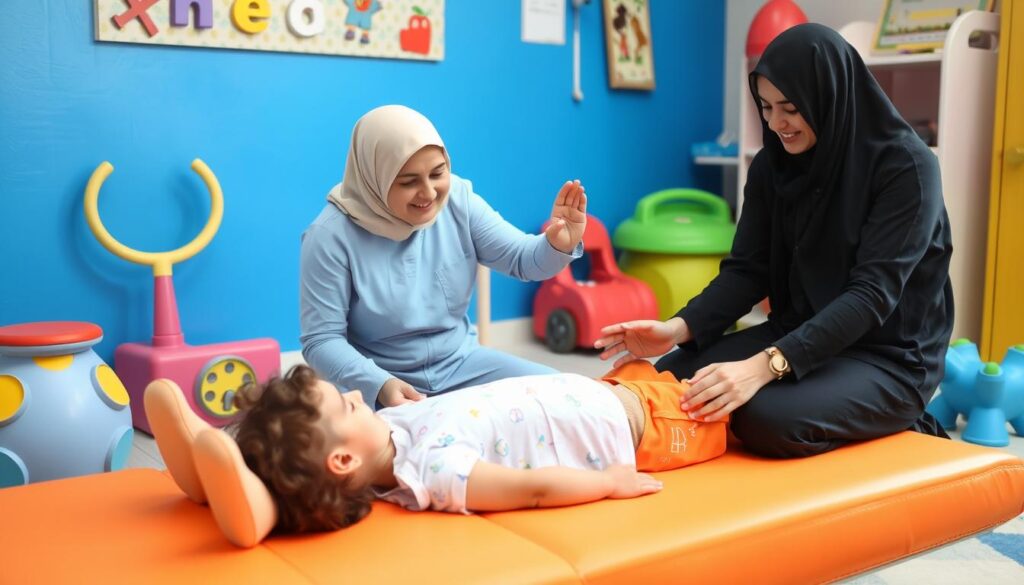 جلسة علاج طبيعي متقدمة لطفل مع أخصائي يستخدم أساليب تفاعلية ملائمة للأطفال
