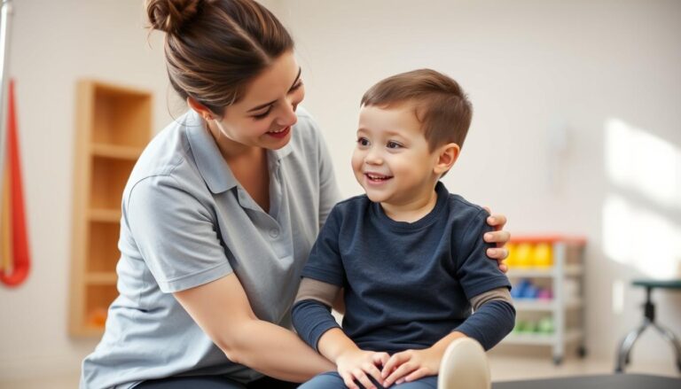 طفل مصاب بالشلل الدماغي يتلقى العلاج الطبيعي