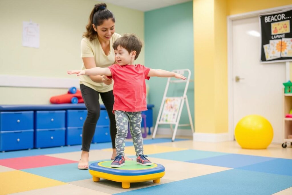 طفل يؤدي تمارين توازن متقدمة بمساعدة أخصائي علاج طبيعي