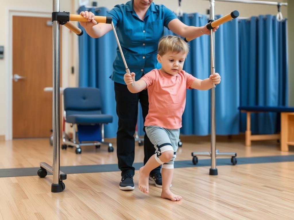 طفل يتدرب على المشي بعد كسر في الساق بمساعدة أخصائي