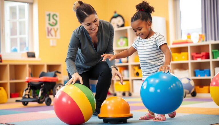 طفل يتلقى العلاج الطبيعي للأطفال المصابين بإعاقات حركية مع معالج متخصص