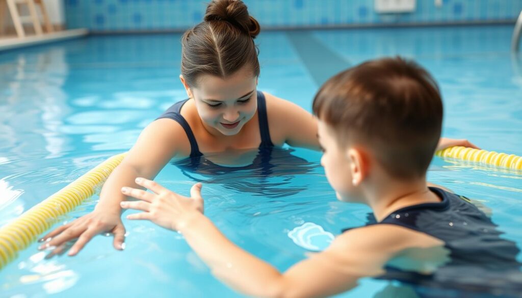 طفل يتلقى العلاج المائي كجزء من برامج العلاج الطبيعي للأطفال المصابين بالشلل الدماغي طفل يتلقى العلاج المائي كجزء من برامج العلاج الطبيعي للأطفال المصابين بالشلل الدماغي