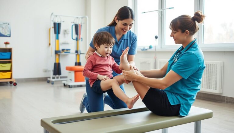 طفل يتلقى جلسة إعادة تأهيل بعد كسر في الساق