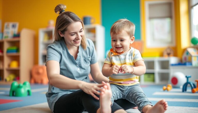 طفل يتلقى جلسة علاج طبيعي لتعزيز النمو الحركي