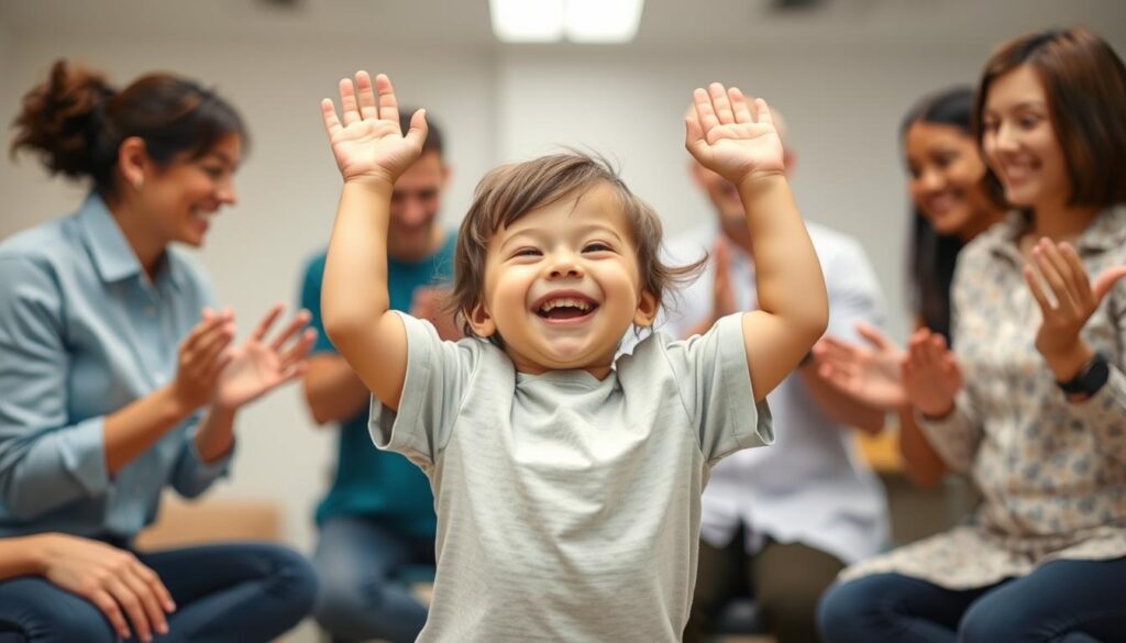 طفل يحتفل بالتقدم المحرز في العلاج الطبيعي للأطفال المصابين بإعاقات حركية
