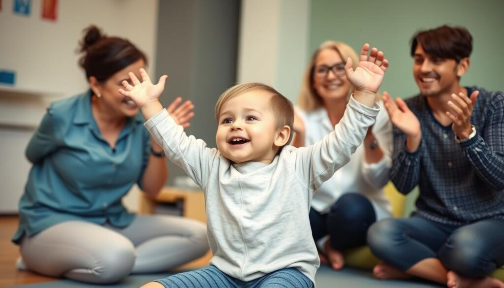 طفل يحتفل بتقدمه في العلاج الطبيعي مع أخصائي ووالديه طفل يحتفل بتقدمه في العلاج الطبيعي مع أخصائي ووالديه