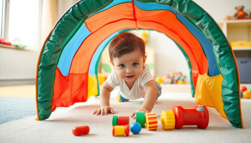 طفل يزحف عبر نفق لعب لتطوير المهارات الحركية