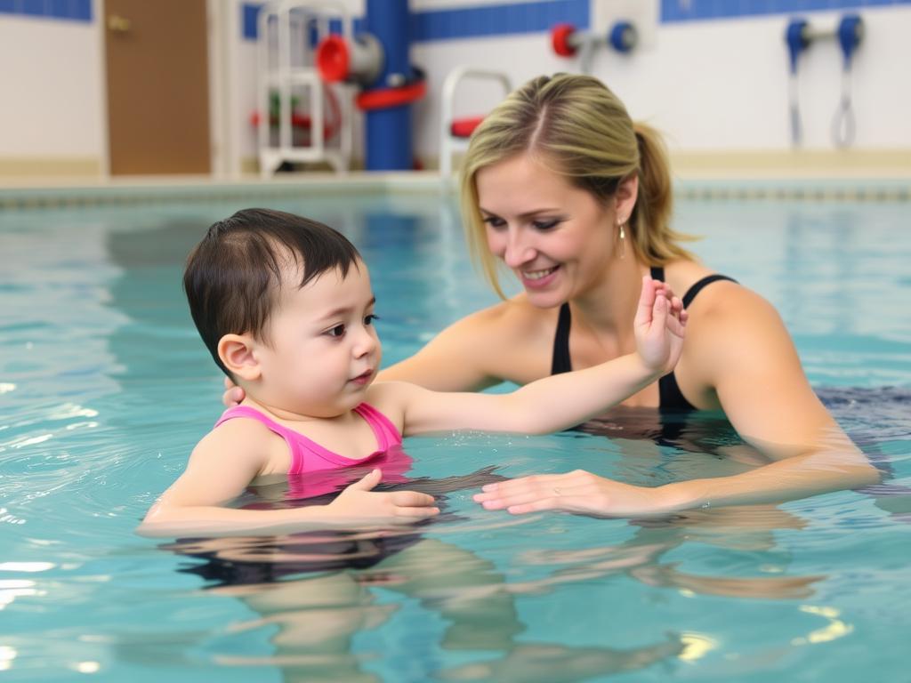 طفل يعاني من الشلل الدماغي يمارس التمارين المائية للعلاج الطبيعي