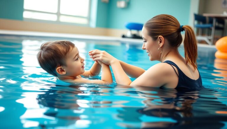 طفل يمارس التمارين المائية للعلاج الطبيعي مع معالج متخصص