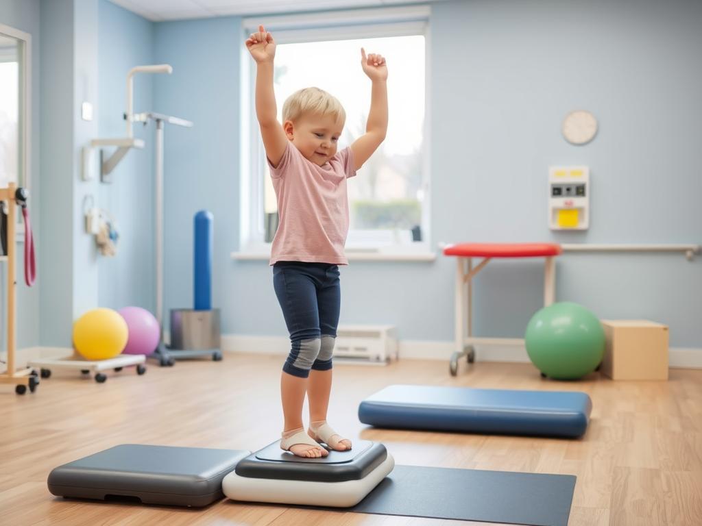 طفل يمارس تمارين التوازن بعد كسر في الساق