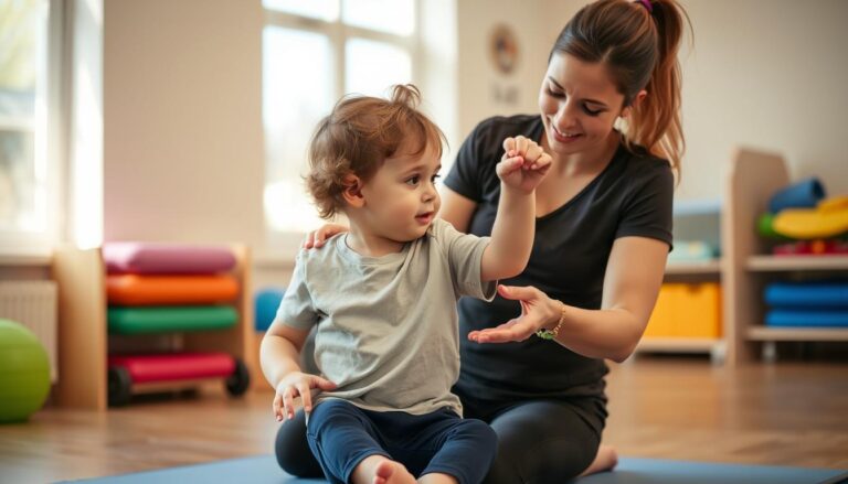 طفل يمارس تمارين علاجية لتحسين الحركة مع معالج طبيعي