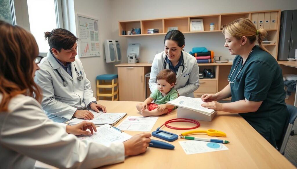 فريق طبي يقوم بتصميم برنامج علاجي فردي لطفل مصاب بالشلل الدماغي فريق طبي يقوم بتصميم برنامج علاجي فردي لطفل مصاب بالشلل الدماغي