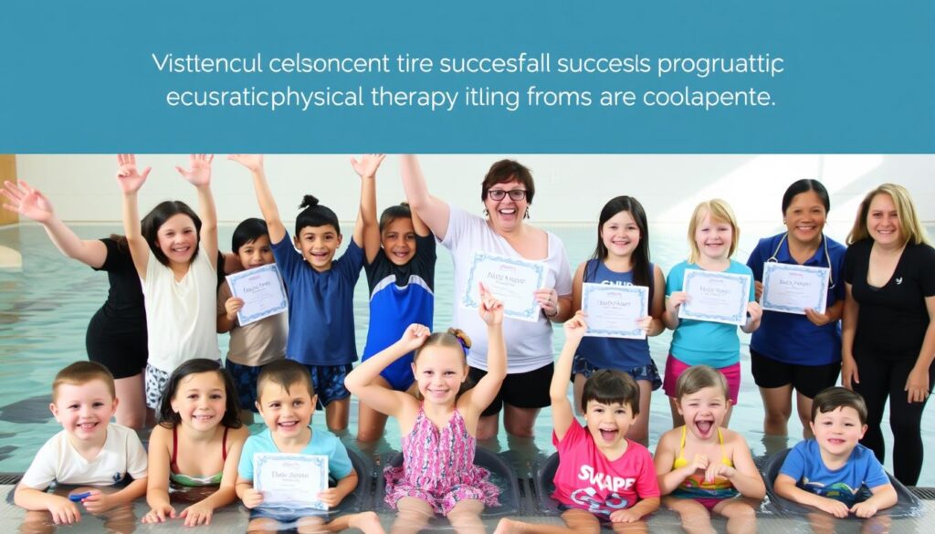 مجموعة من الأطفال يحتفلون بنجاحهم في برنامج التمارين المائية للعلاج الطبيعي