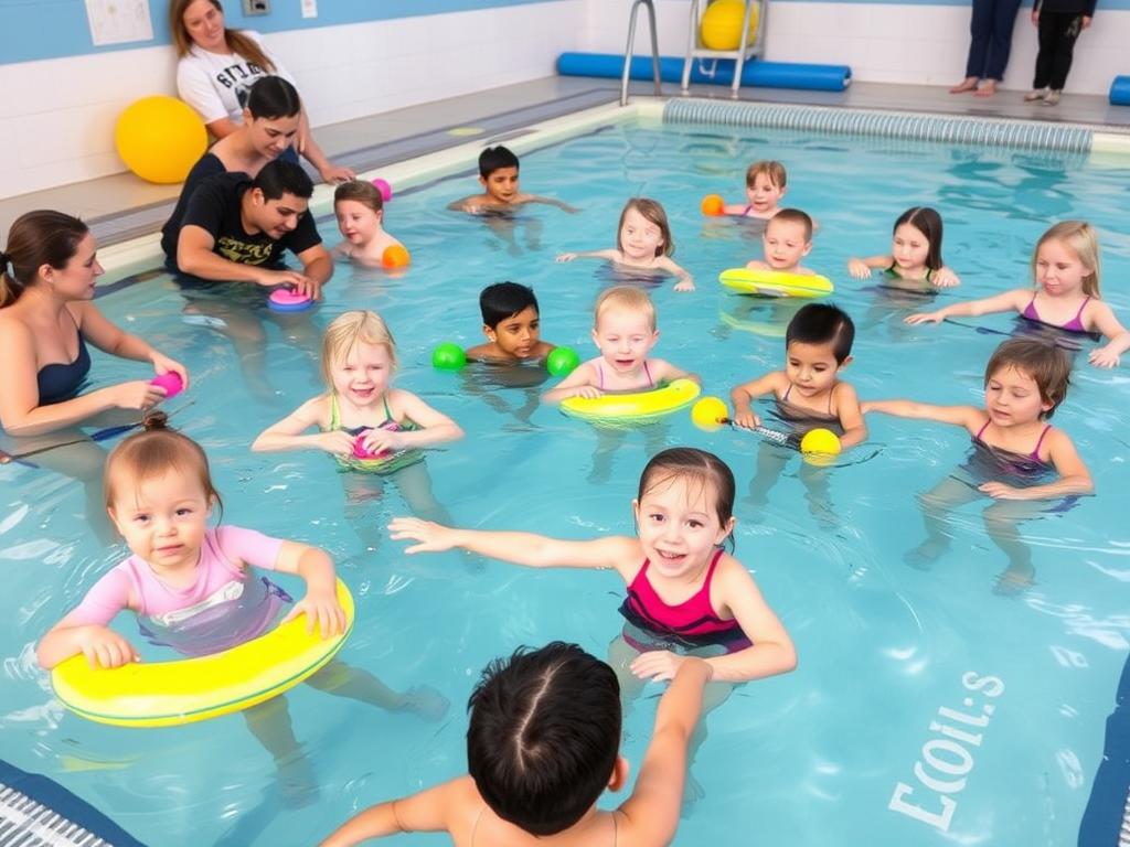 مجموعة من الأطفال يمارسون التمارين المائية للعلاج الطبيعي بإشراف معالجين