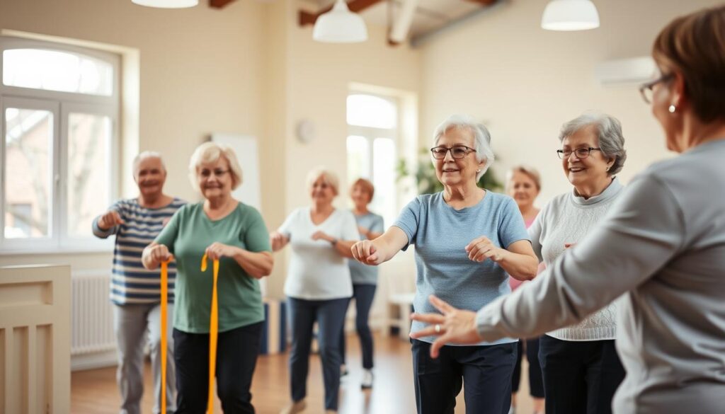 مجموعة من كبار السن يمارسون تمارين جماعية بإشراف أخصائي علاج طبيعي