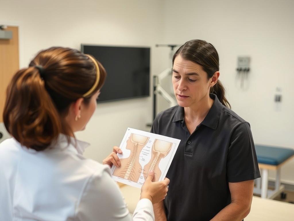 مريض يخضع لجلسة علاج طبيعي للرقبة مع أخصائي، يوضح أحدث الأساليب في العلاج الطبيعي