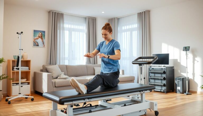 مريض يستخدم أحدث الأجهزة لدعم العلاج الطبيعي المنزلي بمساعدة معالج