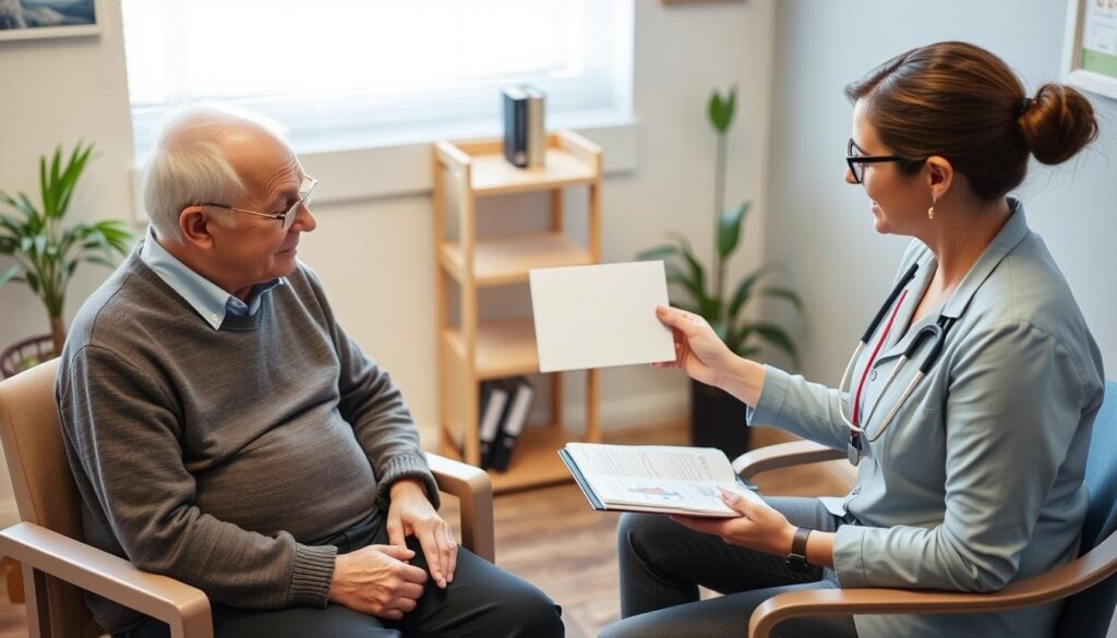 مسن يتحدث مع أخصائي علاج طبيعي خلال جلسة استشارية