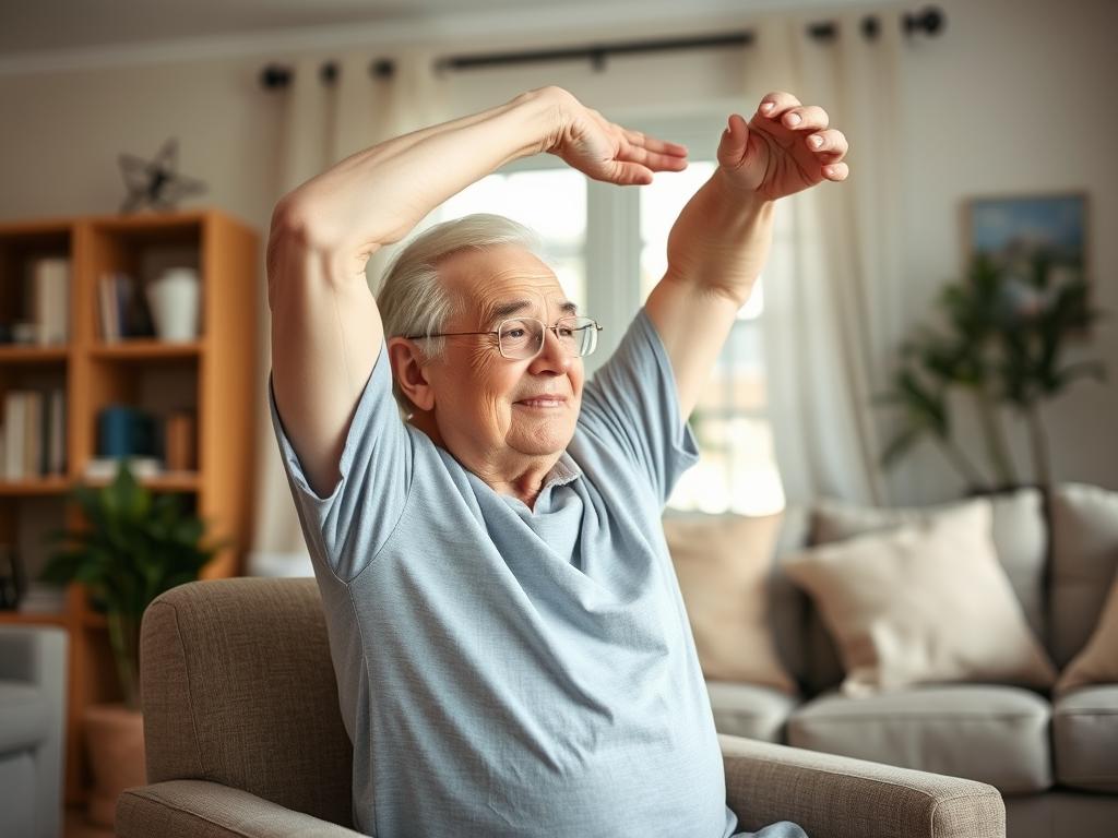 مسن يمارس تمارين التمدد في المنزل