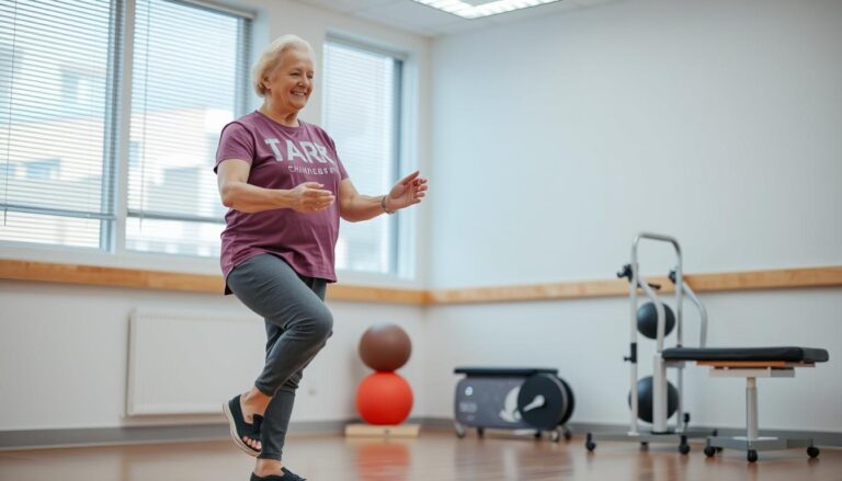 مسن يمارس تمارين التوازن بمساعدة أخصائي علاج طبيعي