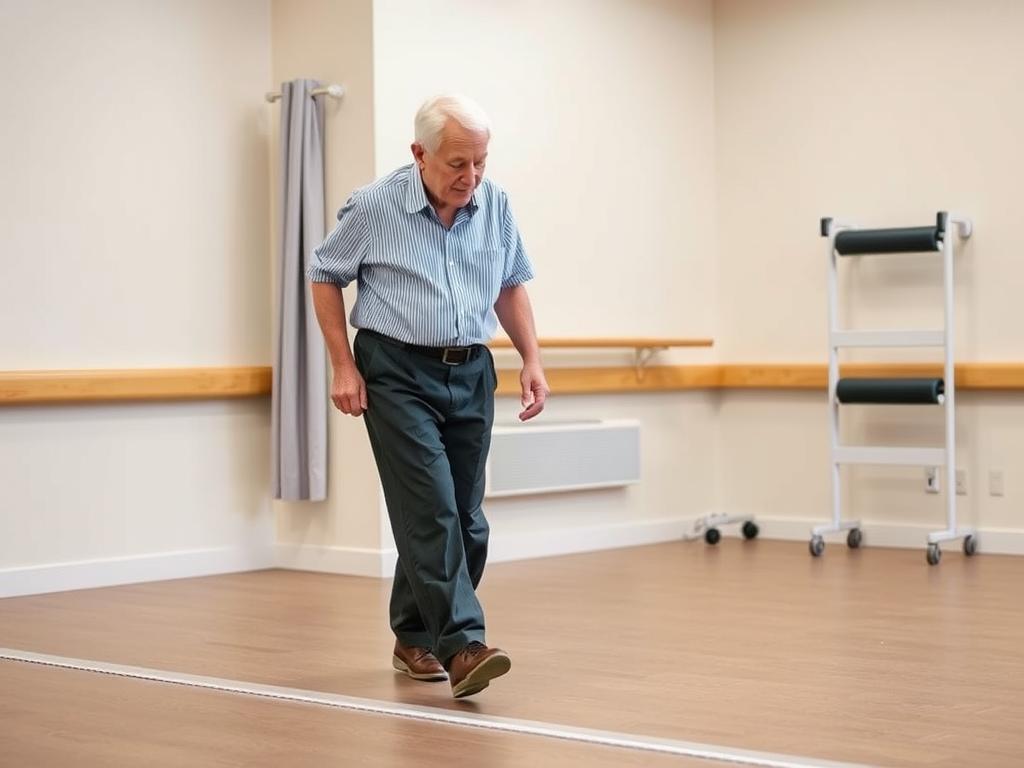 مسن يمارس تمرين المشي من الكعب إلى الأصابع بحذر