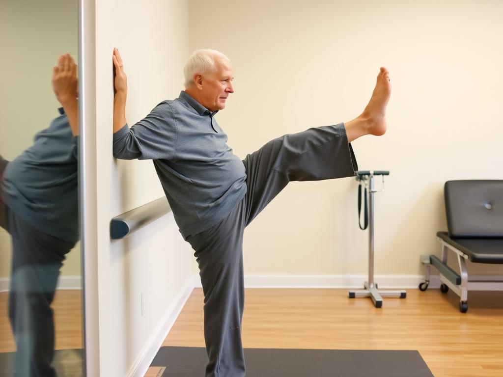 مسن يمارس تمرين رفع الساق الجانبي مع الاستعانة بالحائط للدعم