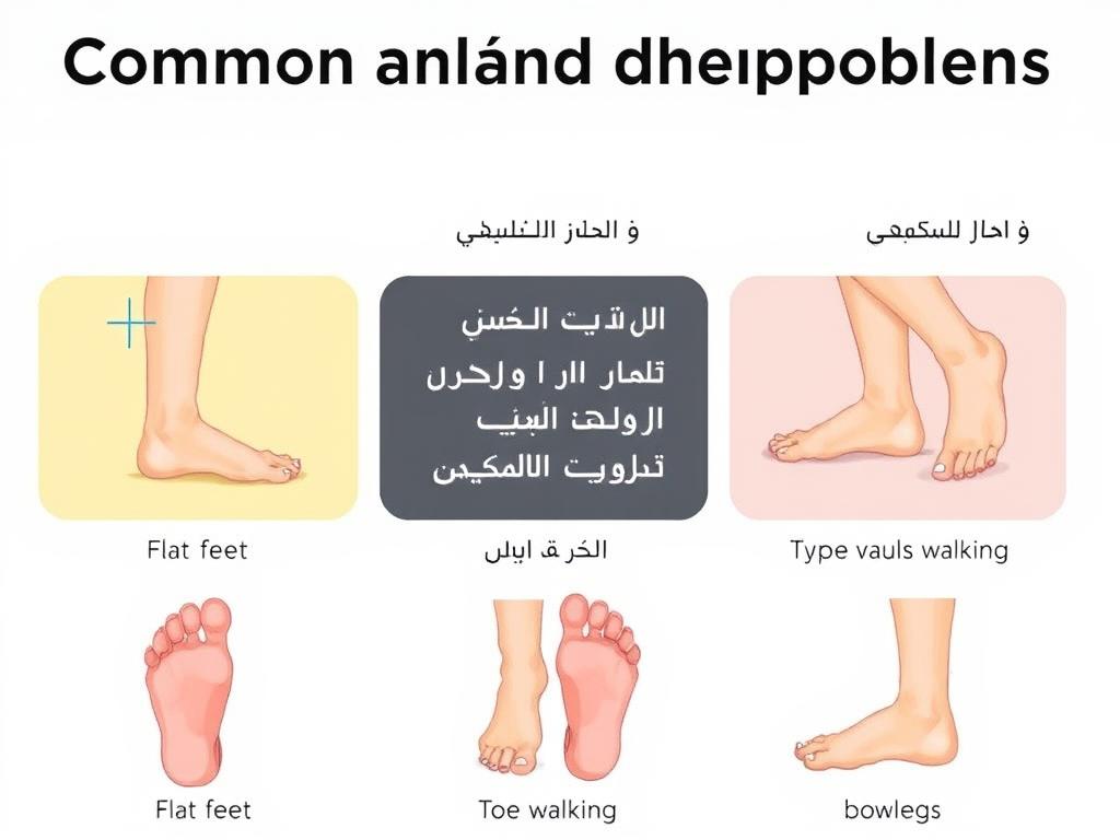 مشاكل المشي الشائعة عند الأطفال مثل القدم المسطحة وتقوس الساقين