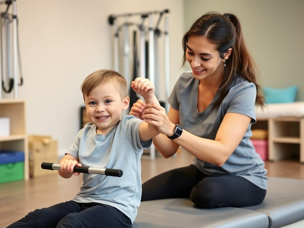 معالج طبيعي يساعد طفلاً مصاباً بالشلل الدماغي على تحسين حركته معالج طبيعي يساعد طفلاً مصاباً بالشلل الدماغي على تحسين حركته