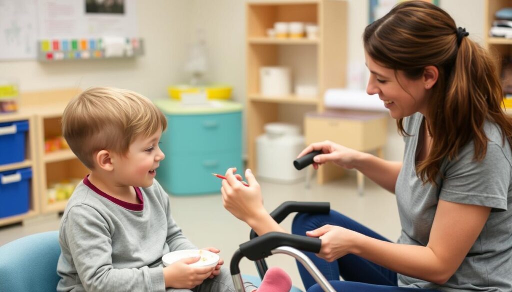 معالج وظيفي يساعد طفلاً على تطوير مهارات الحياة اليومية معالج وظيفي يساعد طفلاً على تطوير مهارات الحياة اليومية